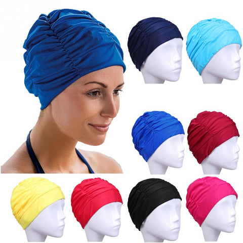 Free size Swimming Cap Long Hair Sports Swim Pool Hat Elastic Nylon Turban for Men & Women