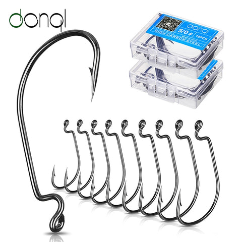 DONQL 10pcs/ Set Fishing Hook Carbon Steel Wide Crank Offset Fishhook For Soft Worm Lure 5/0#-1# Bass Barbed Carp Fishing Hooks