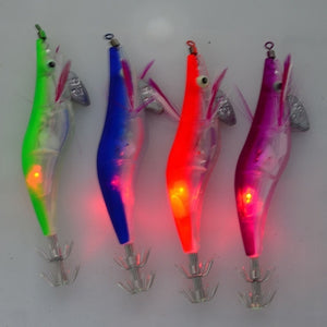 LED Electronic Plastic Shrimp Lure Luminous Squid Jig Octopus Luminous Fishing Lead Head Hooks New Arrival 6 Colors
